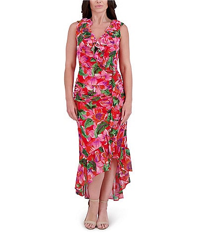 Kensie Chiffon Floral Print V-Neck Sleeveless Ruffle Sheath Midi Dress