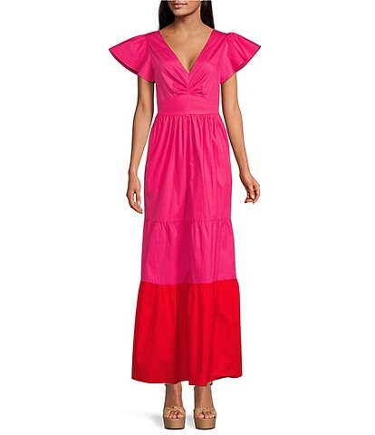 Kensie Color Block V-Neck Short Flutter Sleeve Tiered Pocketed Maxi Dress