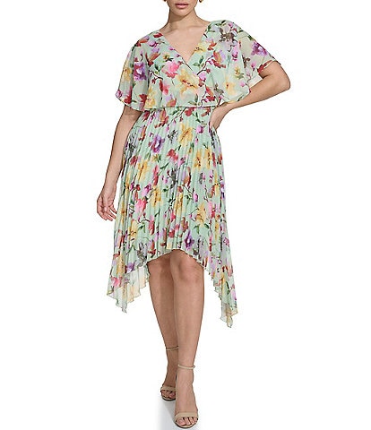 Kensie Crinkle Knit Floral Print Surplice Neck Short Flutter Sleeve Pleated Asymmetrical Mini Dress