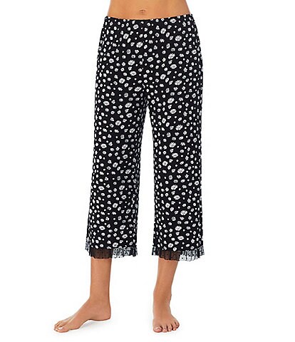 Kensie Daisy Print Knit Elastic Waist Dot Mesh Ruffle Coordinating Capri Sleep Pant