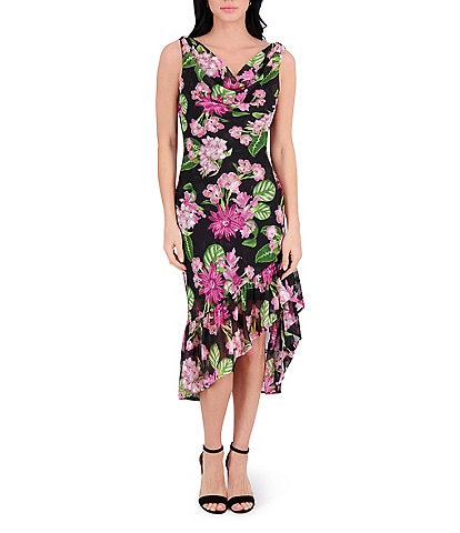 Kensie Drape Neck Sleeveless Floral Printed Burnout Chiffon Ruffle Hem Sheath Midi Dress