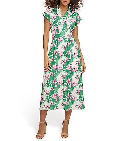 Kensie Dresses Floral Print Collar Split Neck Short Sleeve Midi Dress