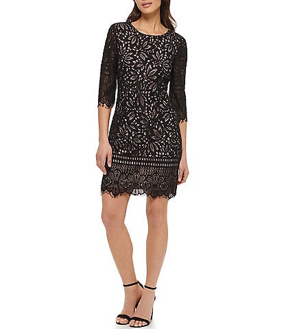 Kensie 3/4 Illusion Sleeve Contrasting Corded Floral Lace Scalloped Hem Sheath Dress