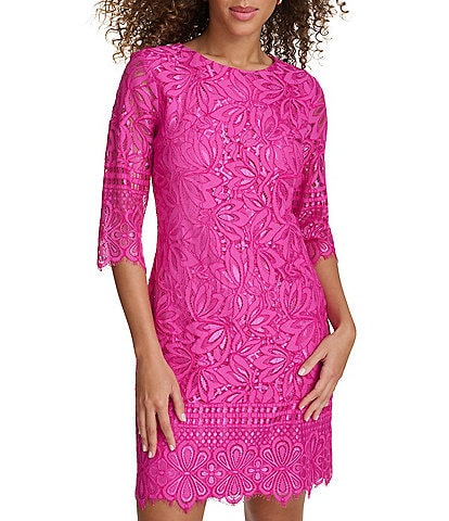 Kensie 3/4 Illusion Sleeve Contrasting Corded Floral Lace Scalloped Hem Sheath Dress