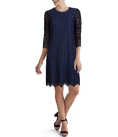 Kensie 3/4 Illusion Elbow Sleeve Contrast Corded Floral Lace Scalloped Hem Crew Neck Sheath Dress