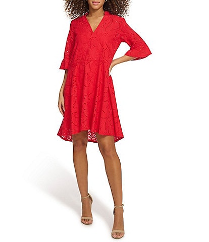 Kensie Embroidered Eyelet V-Neck Elbow Ruffle Sleeve High Low Mini Dress