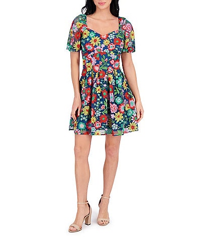 Kensie Embroidered Floral Mesh Sweetheart Neck Short Sleeve A-Line Mini Dress