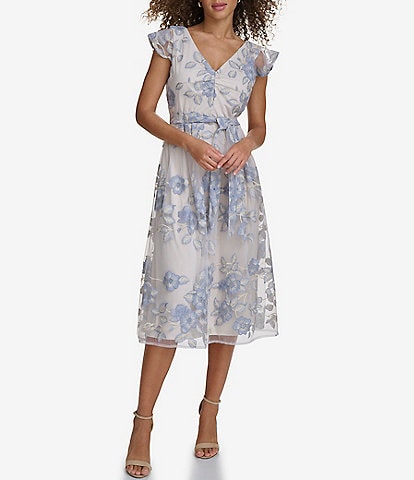 Kensie Embroidered Lace V-Neck Flutter Short Sleeve Tie Waist Midi A-Line Dress