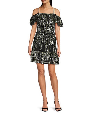 Kensie Embroidered Mesh Floral Print Off-The-Shoulder Neck Short Sleeve A-Line Mini Dress