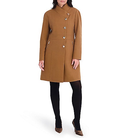 Kensie Faux Wool Structured Stand Collar Neck Asymmetrical Button Front Walker