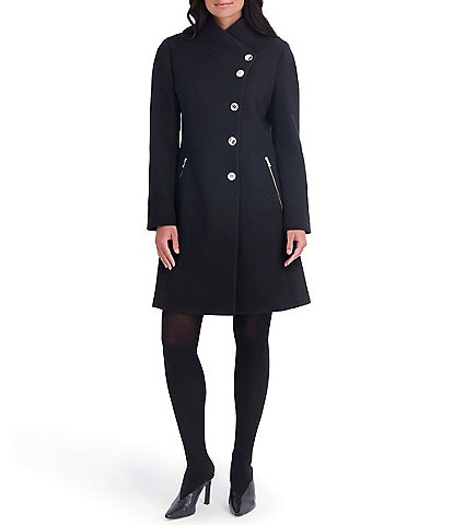 Kensie Faux Wool Structured Stand Collar Neck Asymmetrical Button Front Walker