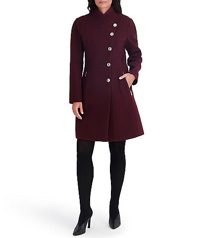 Kensie Faux Wool Structured Stand Collar Neck Asymmetrical Button Front Walker