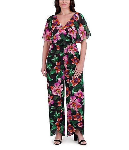 Kensie Floral Chiffon V-Neck Overlay Wide Leg Jumpsuit