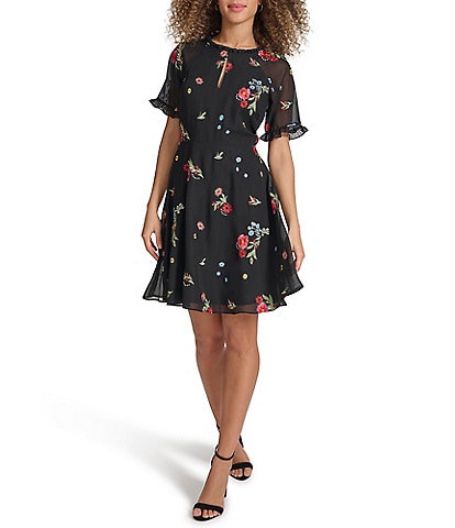 Kensie Floral Embroidered  Round Keyhole Neck Short Ruffle Trim Sleeve Open Back Dress