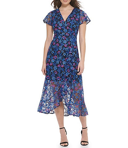 Kensie Floral Embroidered Lace V-Neck Short Sleeve Faux Wrap High-Low Midi Dress