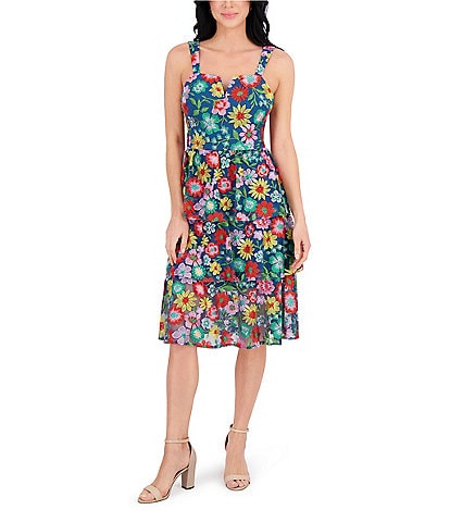 Kensie Floral Embroidered Mesh Square Neck Sleeveless Ruffle Tiered A-Line Dress