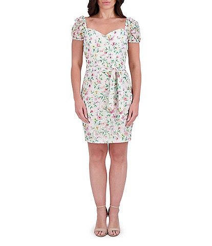 Kensie Floral Mesh Knit Sweetheart Neck Puff Sleeves Belted Sheath Mini Dress