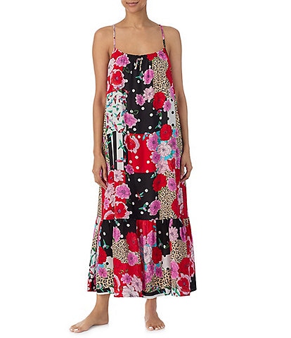 Kensie Floral Patchwork Sleeveless Scoop Neck Woven Maxi Chemise