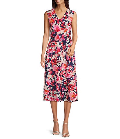 Kensie Floral Pleated Bodice Smocked Waist V-Neck Sleeveless Side Pocket Midi A-Line Dress