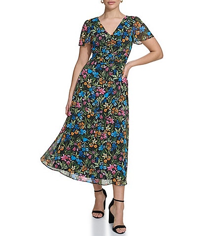Kensie Floral Print Chiffon V Neckline Short Flutter Sleeve A-Line Dress
