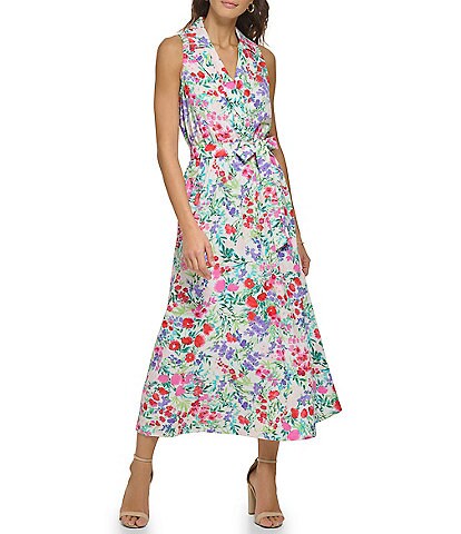 Kensie Floral Print Notch Collar Elastic Waist Sash Belt Midi Dress