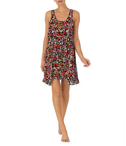 Kensie Floral Print Sleeveless Scoop Neck Ruffled Woven Chemise
