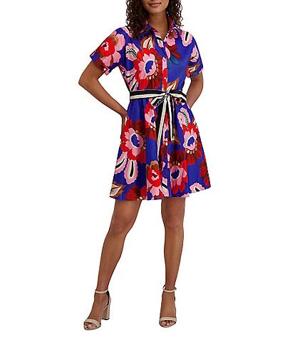 Kensie Floral Print Textured Stretch Taffeta Shirt Dress