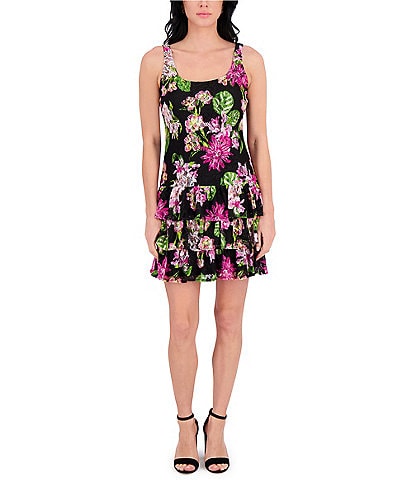 Kensie Floral Stretch Lace Square Neck Sleeveless Ruffle Tiered Fit & Flare Mini Dress