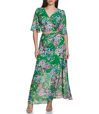 Kensie Floral V-Neck Elbow Sleeve Crop Top and A-Line Maxi Skirt 2-Piece Set