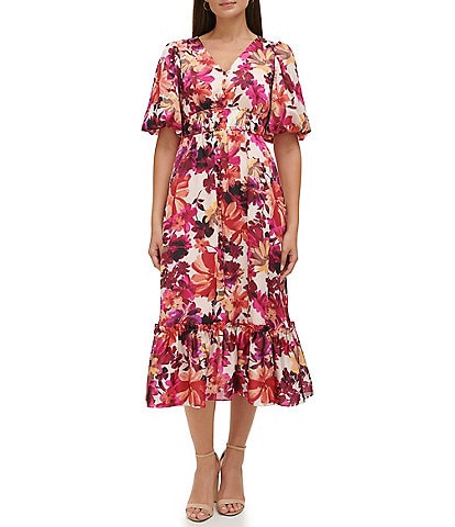 Kensie Floral Print V-Neck Short Puffed Sleeve Flounce Hem Maxi Dress