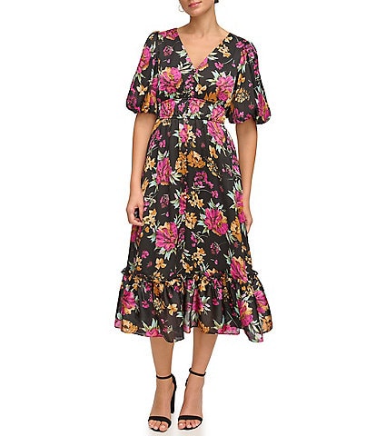 Kensie Floral Print V-Neck Short Puffed Sleeve Flounce Hem Maxi Dress