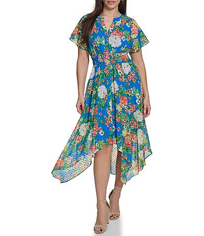 Kensie Floral V Neckline Short Sleeve Smocked Waist Asymmetrical Hem Midi Dress