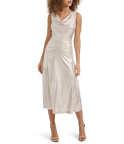 Kensie Foil Knit Cowl Neck Sleeveless Drape Back Sheath Dress