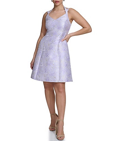 Kensie Jacquard V-Neck Sleeveless Cross Strap Side Pocket A-Line Mini Dress