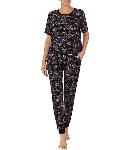Kensie Knit Floral Dot Print Short Sleeve Round Neck Top & Jogger Pajama Set
