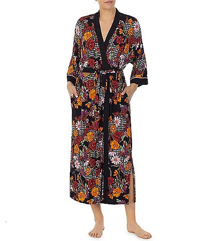 Kensie Knit Floral Patchwork Print 3/4 Sleeve Coordinating Maxi Robe