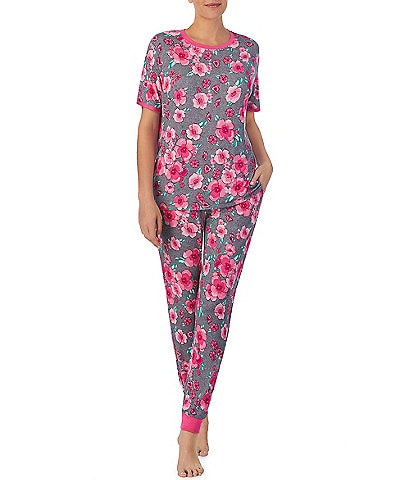Kensie Knit Floral Print Short Sleeve Round Neck Top & Jogger Pajama Set