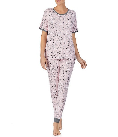 Kensie Knit Heart Print Short Sleeve Round Neck Top & Jogger Pajama Set