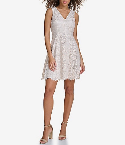 Kensie Metallic Lace V-Neck Sleeveless Fit and Flare Dress