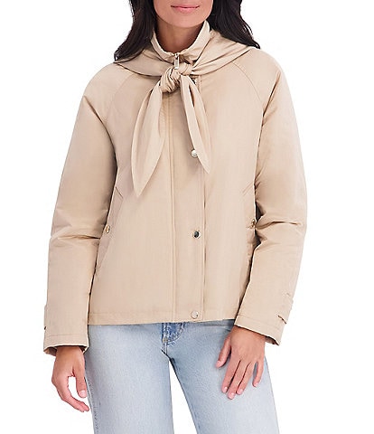 Kensie Luxe Satin Scarf Hood A-Line Zip Front Jacket