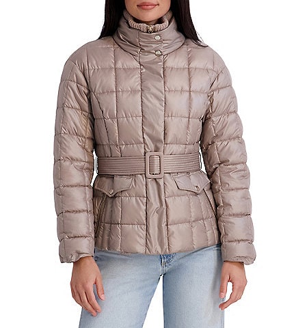 Kensie Matte Cire Belted Quilt Zip Front Puffer Jacket