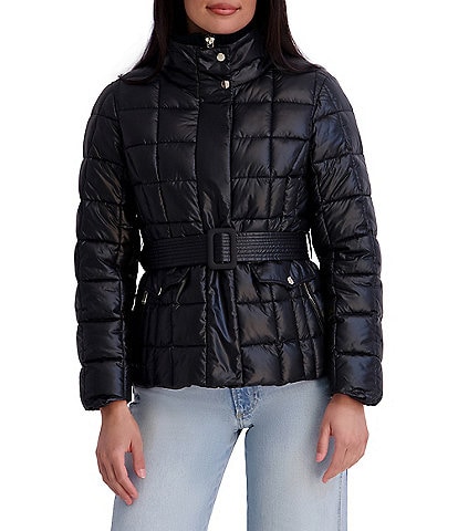 Kensie Matte Cire Belted Quilt Zip Front Puffer Jacket
