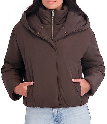 Kensie Memory Fabric Hooded Funnel Collar Puffer Bomber Style Jacket
