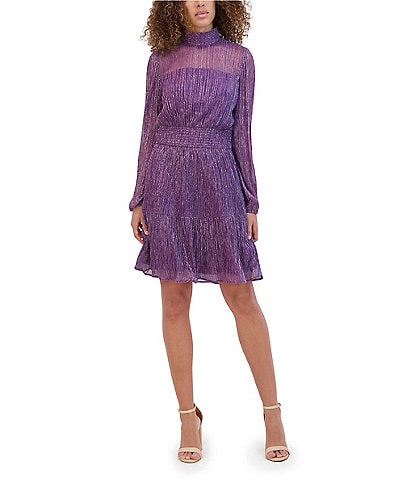 Kensie Mock Neck  Illusion Sleeve Shimmer Knit Blouson Dress