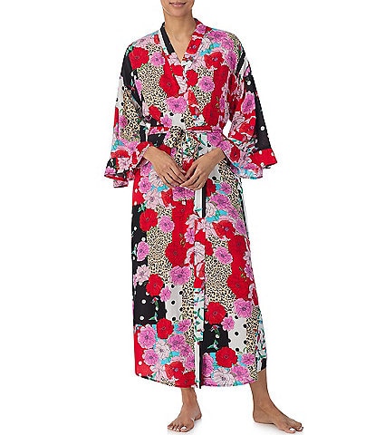 Kensie Multi Print 3/4 Sleeve Woven Maxi Kimono Long Robe