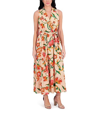 Kensie Notch Collar Sleeveless Tie Waist Floral Print Woven Midi Shirt Dress