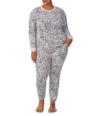 Kensie Plus Size Animal Print Velour Long Sleeve Top and Jogger Pajama Set