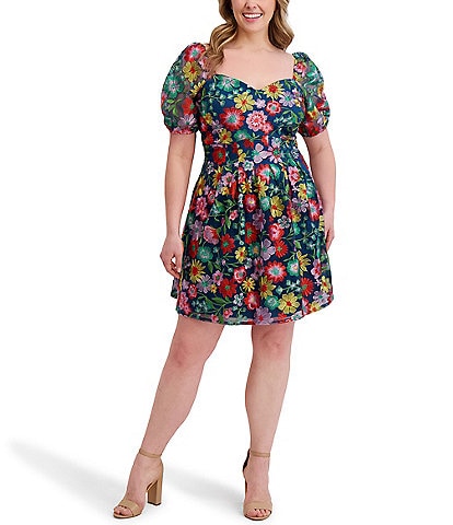 Kensie Plus Size Floral Embriodered Mesh Square Neck Short Puff Sleeve A-Line Dress