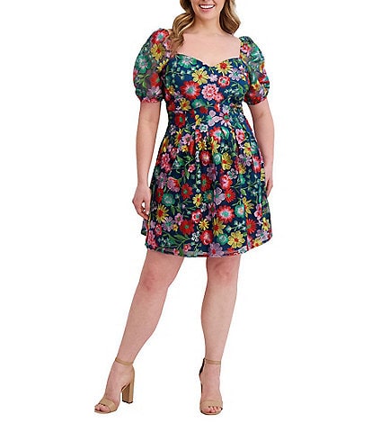 Kensie Plus Size Floral Embriodered Mesh Square Neck Short Puff Sleeve A-Line Dress