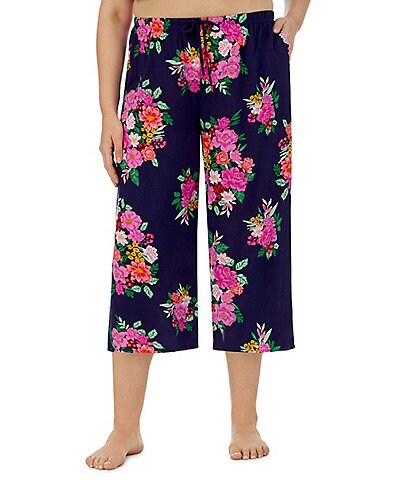 Kensie Plus Size Floral Print Cropped Elastic Waistband Coordinating Sleep Pants